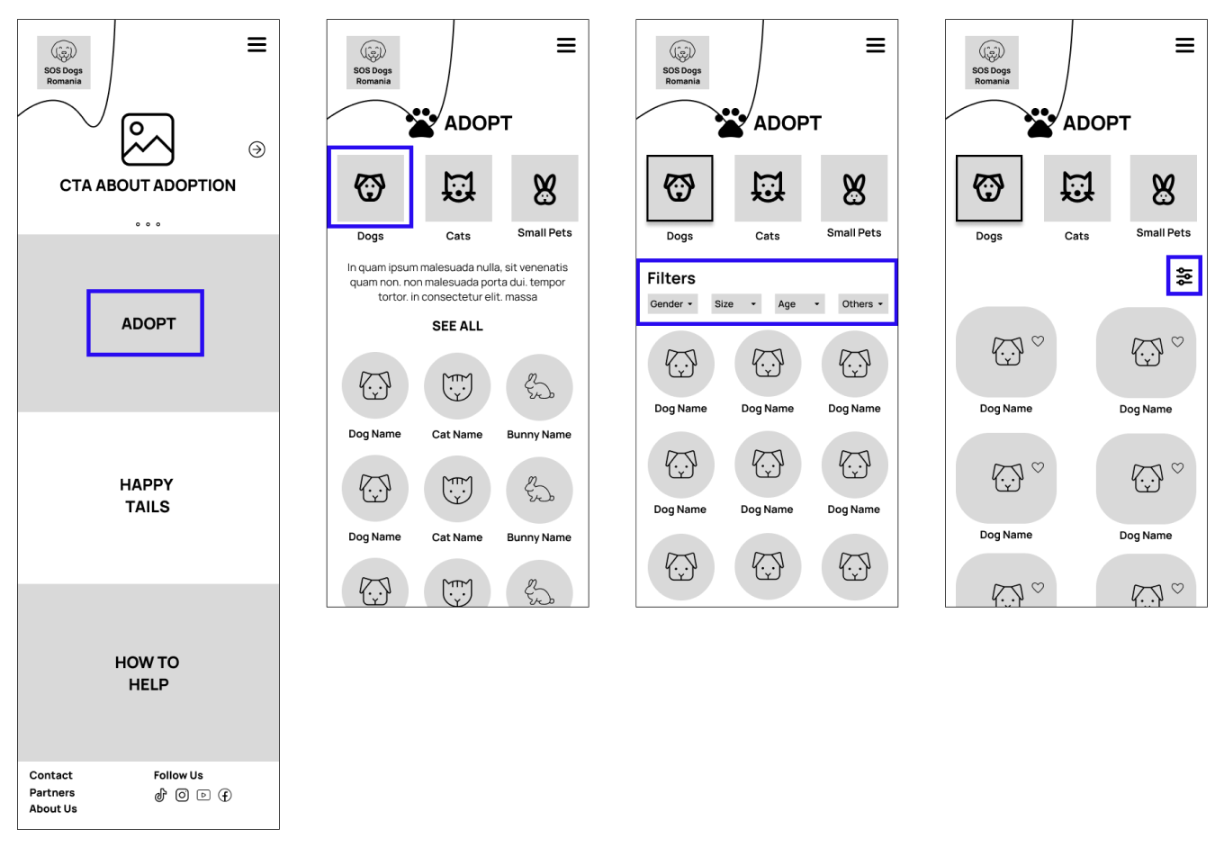 Mid-fidelity wireframes, desktop layout